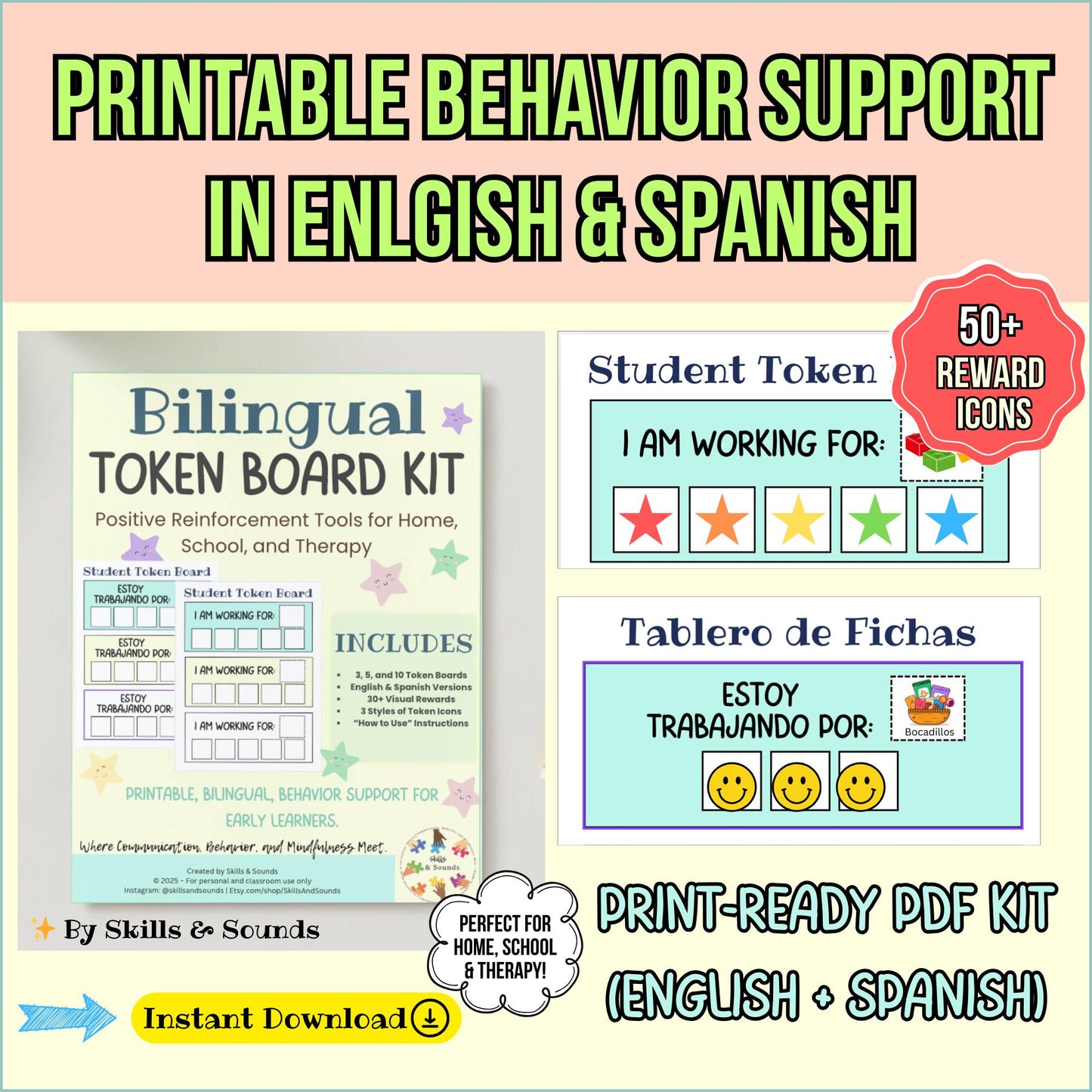 Bilingual Token Board | ABA Behavior Chart, Speech Therapy (Printable PDF)  | Reward System