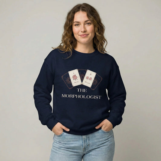 Model wearing a navy “The Morphologist” speech therapy crewneck sweatshirt on a neutral background