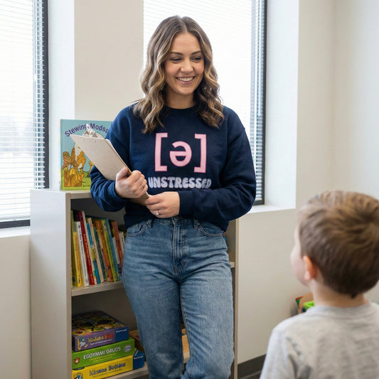 Speech therapist wearing a navy “Unstressed Schwa [ə]” sweatshirt in a classroom setting with a child