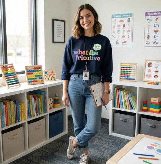 Speech therapist wearing a navy “What the Fricative” sweatshirt in a pediatric speech therapy classroom