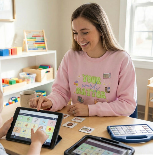 Speech therapist wearing a pink “Your Words Matter” sweatshirt during a therapy session with learning materials